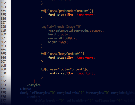 The style ruleset dictating the font size of the copy in the email.