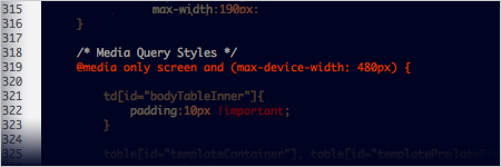 The opening code lines of a CSS media query.